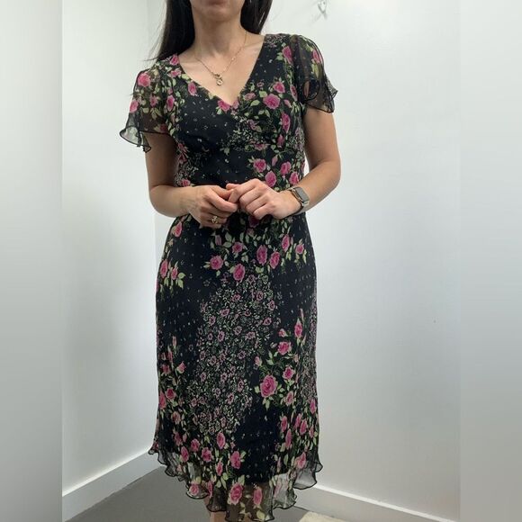 Vintage Y2K Black & Pink Ruffle Flutter Sleeve V-neck Midi Dress Size 8 - Picture 2 of 10